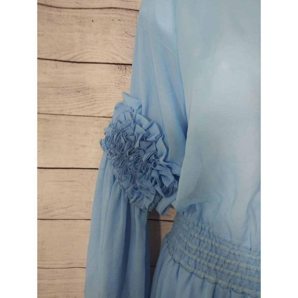 Elena Guranda Blue Ruffled Dress Semi Sheer Balloon Sleeve Sz Medium - Picture 8 of 14